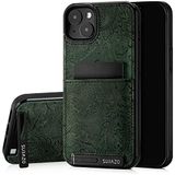 SURAZO Echt lederen achterkant case voor Apple iPhone 15 Plus, stootvast lederen telefoonhoes met kaartenvak, standfunctie, sleutelhanger, florale slanke bumper beschermhoes (ornamentgroen)