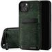 SURAZO Echt lederen achterkant case voor Apple iPhone 15 Plus, stootvast lederen telefoonhoes met kaartenvak, standfunctie, sleutelhanger, florale slanke bumper beschermhoes (ornamentgroen)