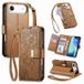 Marron Étui iPhone Air à motifs floraux et de feuilles avec pochette zippée et dragonne