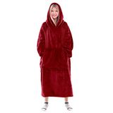 Waitu Draagbare deken sweatshirt voor dames en heren, super warme en gezellige grote deken hoodie, dikke flanellen deken met mouwen en gigantische zak - rood