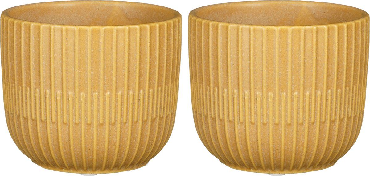 Mica Decorations - Plantenpot/bloempot - 2x stuks - keramiek - okergeel - D11/H9 cm