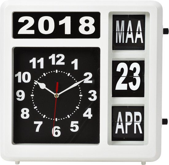 Perel Vierkante klok met flip-over kalender - 31 x 31 cm - Wit/Zwart - Nederlandse versie