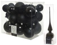 Decoris Boules de Noël plastique noir 6-8-10 cm 27 pièces - mix mat et brillant - incluant étoile de sapin verre 26 cm