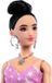Barbie Deluxe Stijlpopp, Outfit in rose sterrenprint, denim jurk, noir haar in een knot, JJN71