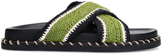 Sacha - Dames - Zwarte plateau slippers met groene bandjes - Maat 39