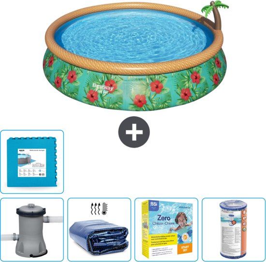 Bestway Rond Opblaasbaar Fast Set Zwembad - Paradijsprint - 457 x 84 cm - Inclusief Pomp, Solarzeil, Onderhoudspakket, Filter & Vloertegels