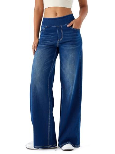 LaiEr Dames Jeans Broek met Wijde Pijpen, Baggy Denim Broek hoge taille en Meerdere Zakken, Rechte Buis, Losse Pasvorm, Hoge Elasticiteit Casual Vrouwen Jeans Met (Donkerblauw, XXL)