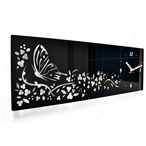 FLEXISTYLE Moderne wandklok vlinder in bloemen, rechthoekig 20 x 60 cm, zwart, woonkamer, slaapkamer
