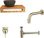 Sani Royal Natuursteen waskom rond met wood planchet set met inbouw fonteinkraan geborsteld goud