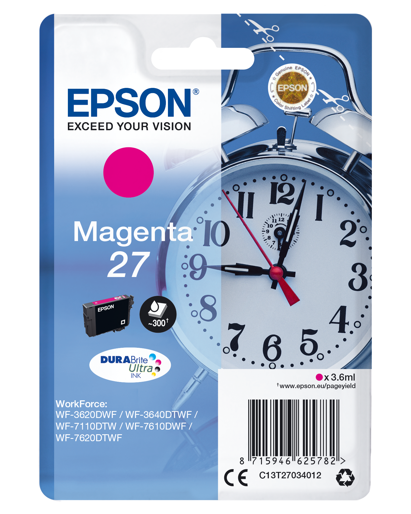 Epson Alarm clock Singlepack Magenta 27 DURABrite Ultra Ink single pack / magenta