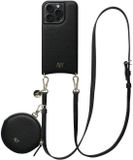 AVY Leren Hoesje geschikt voor Apple iPhone 14 Pro | Met Koord en Mini Telefoontasje | Compatibel met MagSafe | Leather Case met 130CM Koord & Pouch | Long Leather | Zwart
