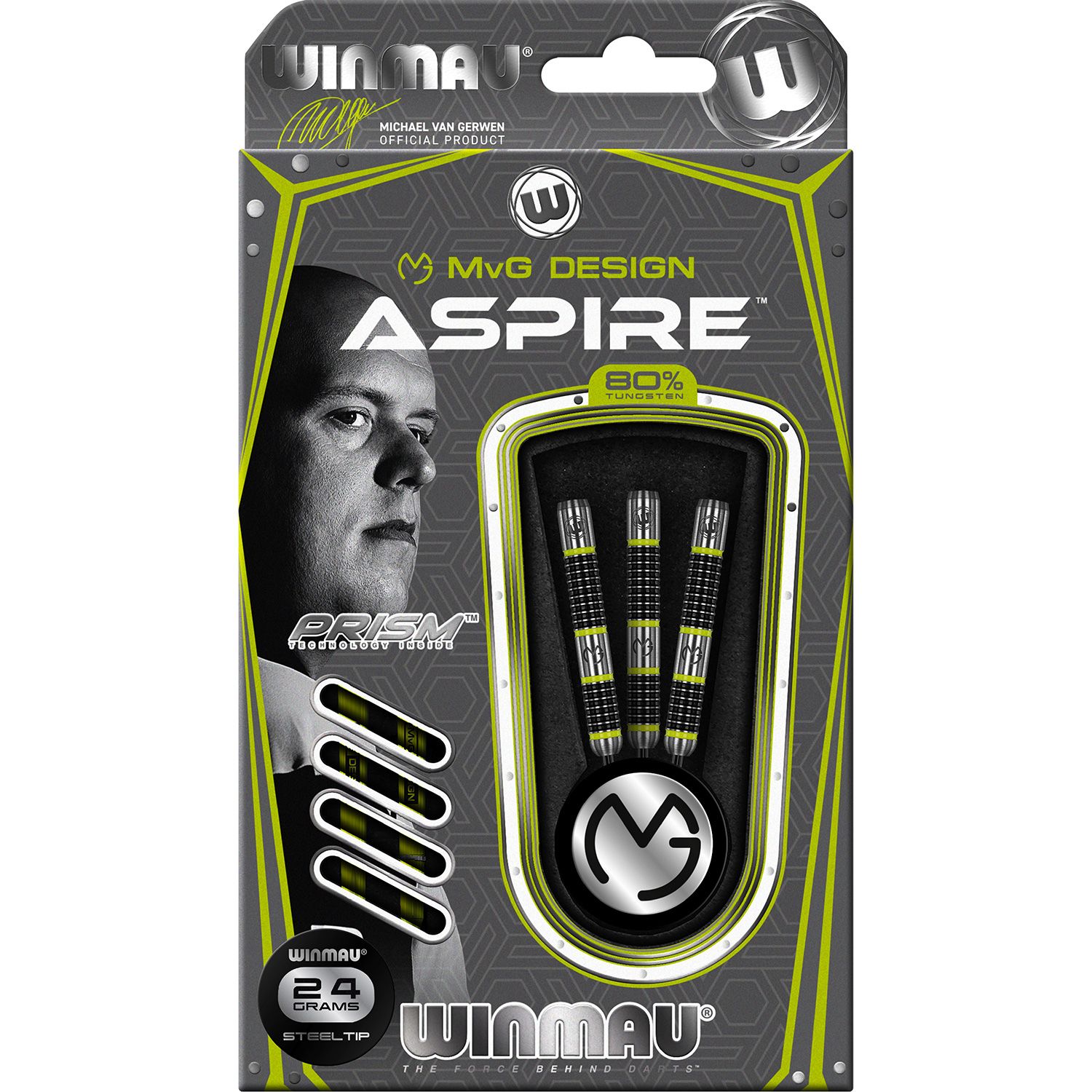 Winmau Michael van Gerwen Aspire 80% tungsten steeltip dartpijlen 24 gram - Zwart/Groen/Zilver
