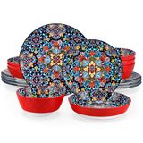 Service pour 4 personnes, service combiné de 16 pièces en porcelaine, set de vaisselle avec assiettes plates, assiettes à dessert, assiettes creuses, saladiers, style bohème