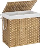 Songmics LCB216Y01 Wasmand met 2 compartimenten, 160L, synthetisch rotan, met deksel en handvatten, gevlochten, opvouwbaar, verwijderbare waszak, natuurlijke kleur