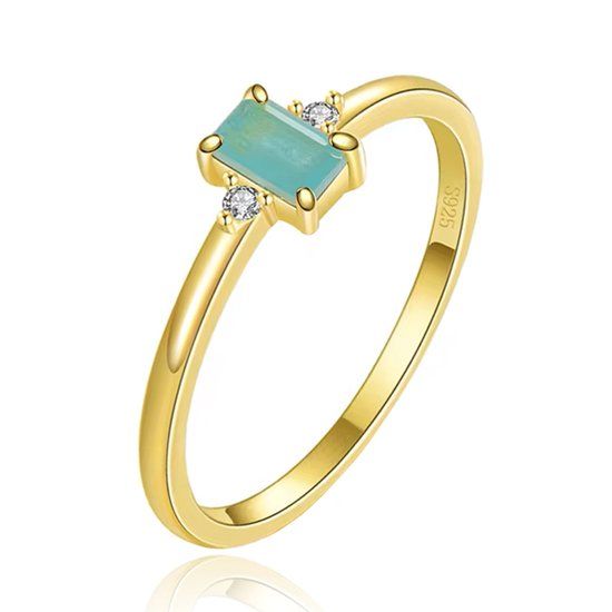 Elenza AMS Elenza Zilveren Ring met Smaragdgroene Steen en Zirkonia, Verguld met 18k Gouden Plating-15mm