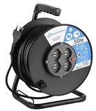 Electraline 49028 verlengkabel met kabelhaspel, 50 m, 4 stopcontacten (Schuko + 10/16 A), grote stekker 16 A, max. 3200 W, met bescherming, zwart