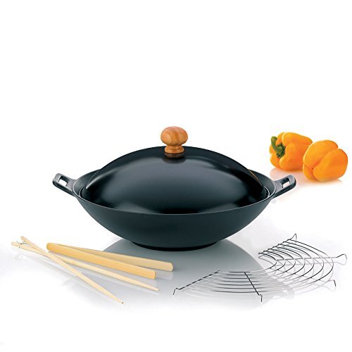 Kela 77943 Wok-set met deksel, geschikt voor inductie-kookplaten, diameter van 36 cm, Wok-set Azië, zwart, 36 x 36 x 10 cm