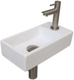 INK - Fonteinpack Porselein Rechts incl. Fonteinkraan - Design Sifon - Design Plug en Montageset - 360x180x90 Mm - Glans Wit/brushed Nickel
