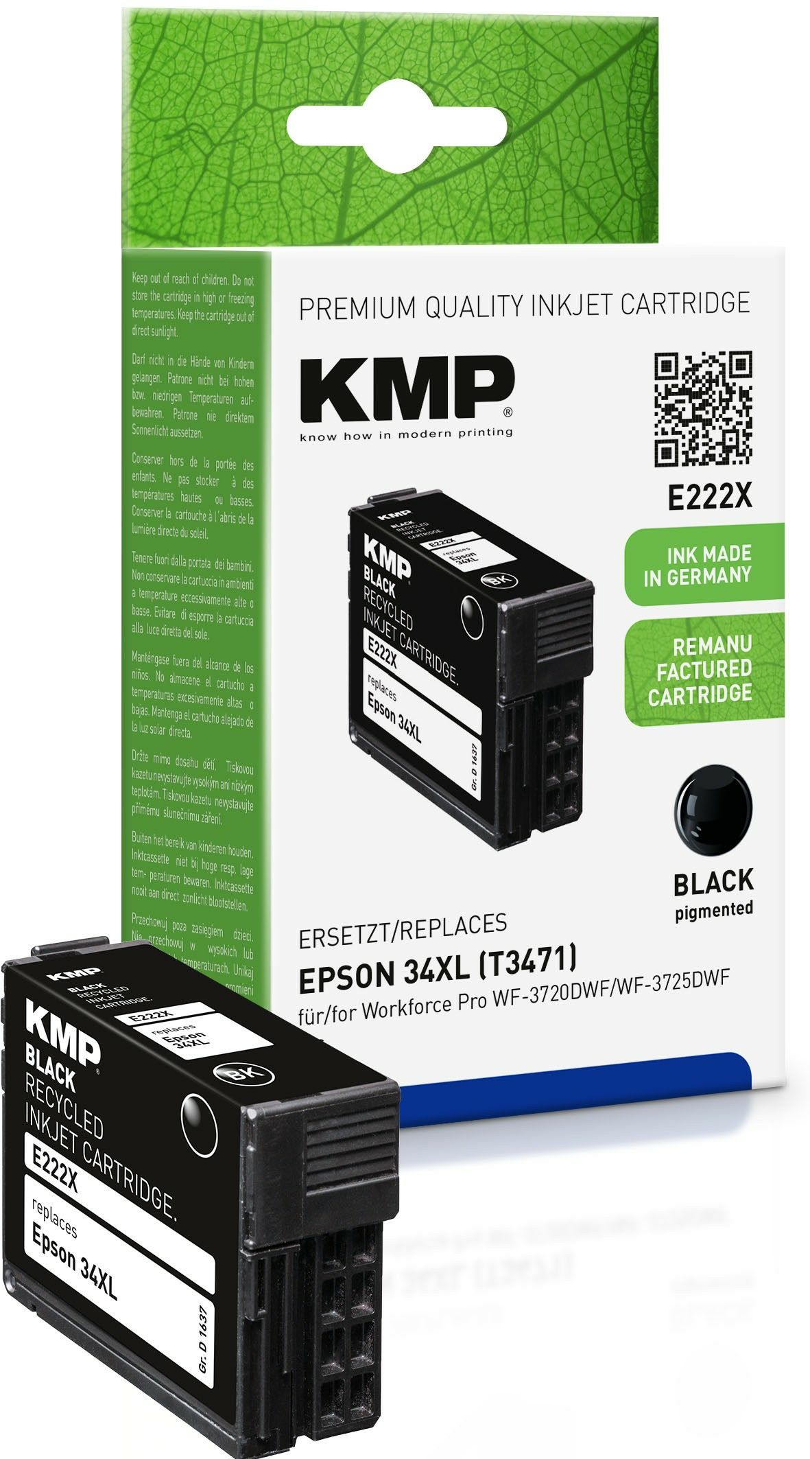 KMP E222X - Zwart - 17 ml - 1100 pagina's - Compatibel met Epson Workforce Pro WF-3720DWF/WF-3725DWF - Vervanging voor 34XL (C13T34714010)