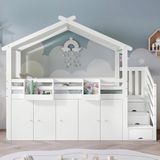 MODFU Kinderstapelbed 90x200 cm – Met kast, 2 opbergkasten & trap met 3 vakken – Wit/groen gestreept