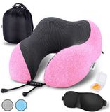 Kioto Reiskussen Nekkussen set - Vliegtuig en Auto - Nek Kussen Kind - Memory Foam - Gratis Slaapmasker, Oordoppen en Reistas - Roze