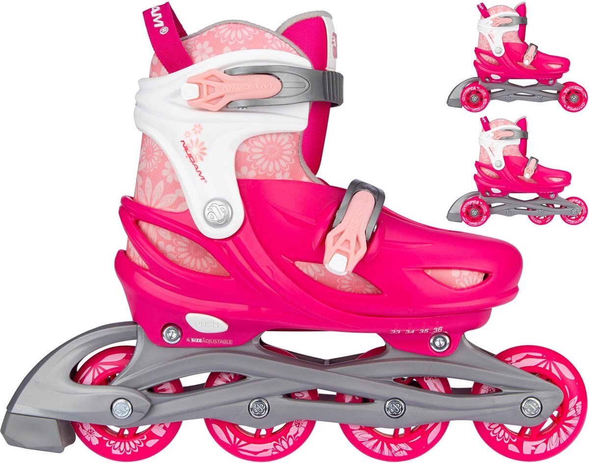 Nijdam 3-in-1 Inline Skates Verstelbaar - Floral Switch - Fuchsia/Wit/Roze/Zilvergrijs - 29-32