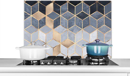 KitchenYeah Spatscherm keuken - Luxe - Kubus - Patronen - Goud - 80x55 cm - Aluminium