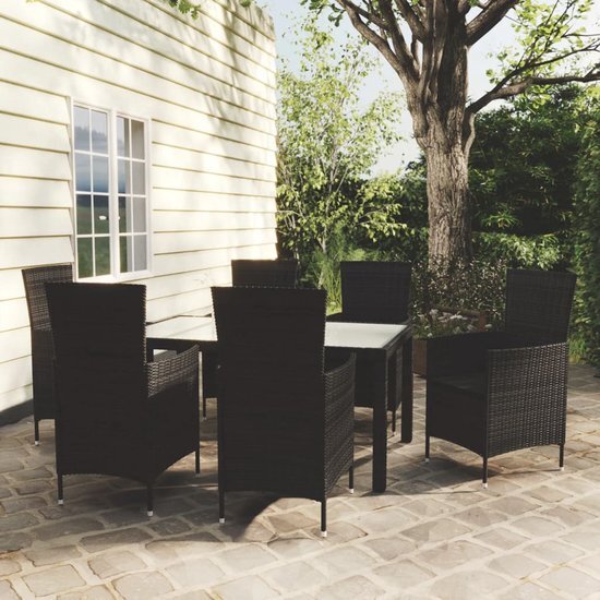 The Living Store Outdoor Dining Set - Zwart Poly Rattan - 150 x 90 x 75 cm - 6 Stoelen - Inclusief Kussens