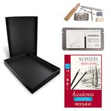 Honsell 14-99889 - Tekenset "Disegno", kunstenaarsset in zwarte opbergdoos met potloden, 9 tekenaccessoires en DIN A4 schetsboek