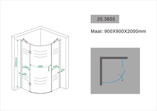Sanifun Mueller Irene Kwartrond Douchecabine 90x90x200cm - Antikalk - Draaideur - 8mm Glas
