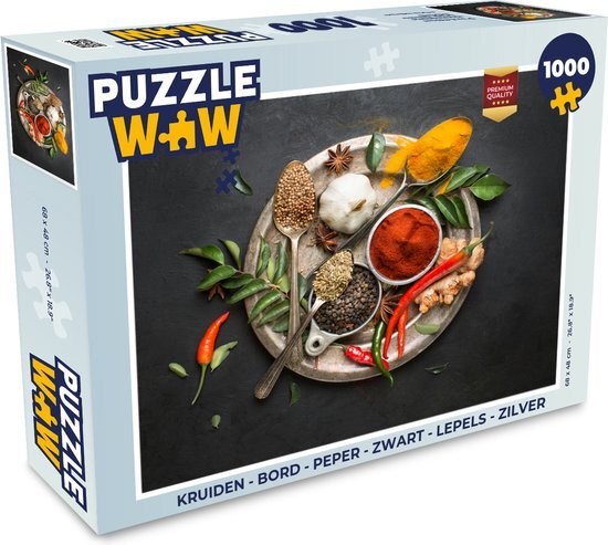 MuchoWow Puzzel Kruiden - Bord - Peper - Zwart - Lepels - Zilver - Legpuzzel - Puzzel 1000 stukjes volwassenen - Sinterklaas cadeautjes - Sinterklaas voor grote kinderen