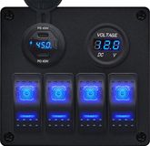 ProRide Schakelpaneel 12V voor Auto/Boot - USB C Lader 2 Poorten met Voltmeter/Wattagemeter - 45W/QC3.0 - 4 Schakelaars