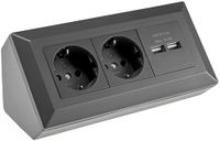 ChiliTec stopcontactblok met 2 stopcontacten + 2 USB-poorten, zwart, 250V AC / 16A, voor wandmontage. Nieuwe versie