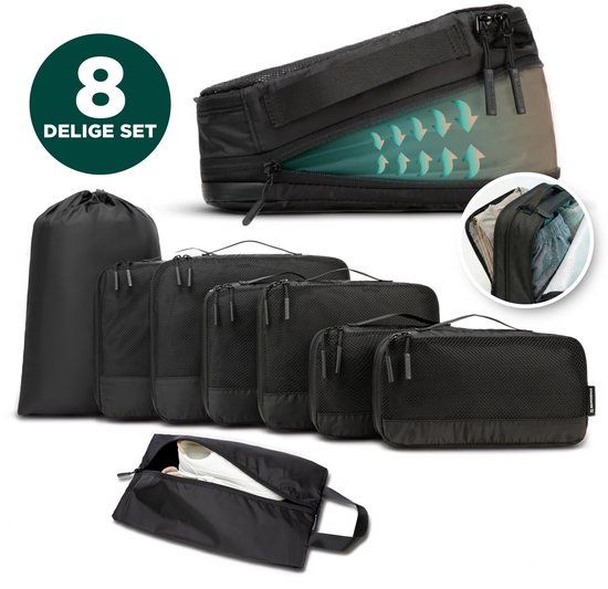 Remodius® Compression Packing Cubes Set – 8-Piece Modular Travel Set – YKK Compression Zipper - Waterproof Dual Compartments for Clean and Dirty Clothes - Recycled and Sustainable