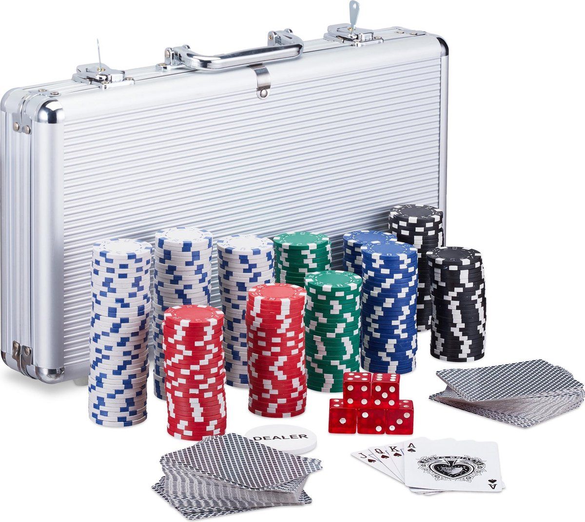 Relaxdays Pokerkoffer Pokerset - 300 Laser Chips - 2 Kaartspellen - Dobbelsteen - Buttons