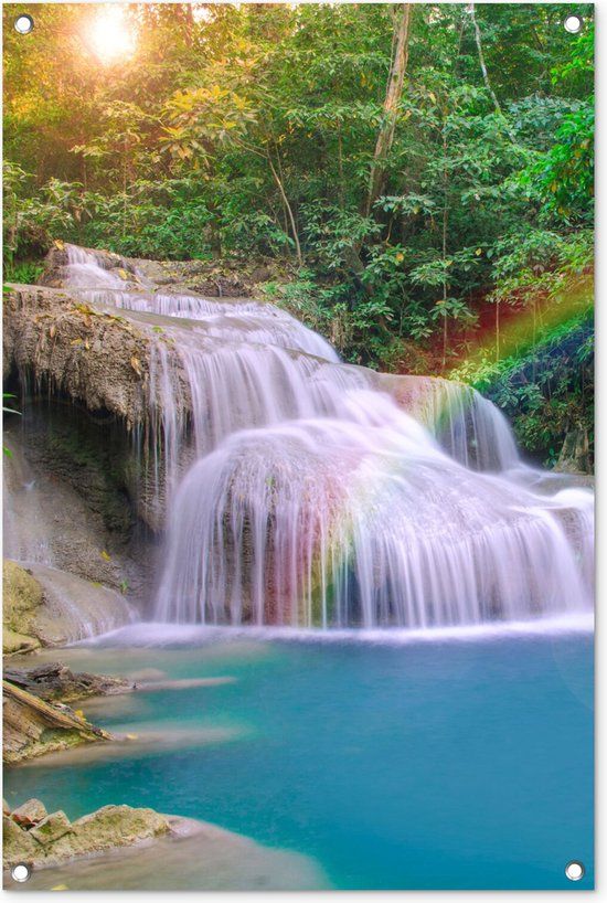 GreatGardenPosters Tuinposter waterval - Regenboog - Zon - Natuur - Bomen - 60x90 cm - Tuindecoratie - PVC