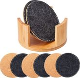 Unyqoos® Set de 8 Sous-verres : Feutre & Liège, Rond, Gris, Absorbant l'eau, Résistant à la chaleur, Antidérapant, avec Support en Bambou