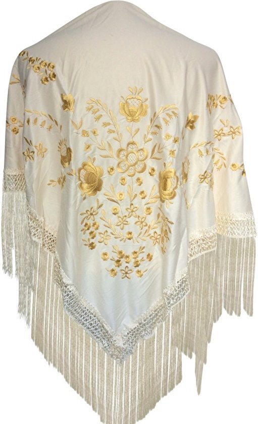 Spaansejurk NL Spaanse manton - omslagdoek - creme wit goud Large bij verkleedkleding of Flamenco jurk