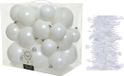Decoris Kaemingk B.V. Kerstversiering kunststof kerstballen 6-8-10 cm met sterren folieslingers pakket winter wit van 28x stuks - Kerstboomversiering