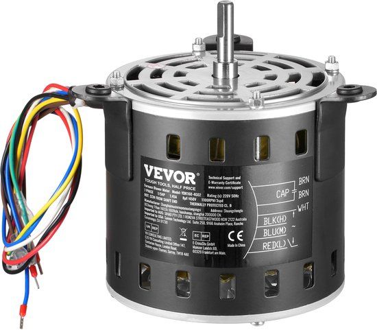 VEVOR 1/5pk Ventilatormotor 1,45A 700/900/1100rpm 3-Snelheden 8μf/450v Condensator