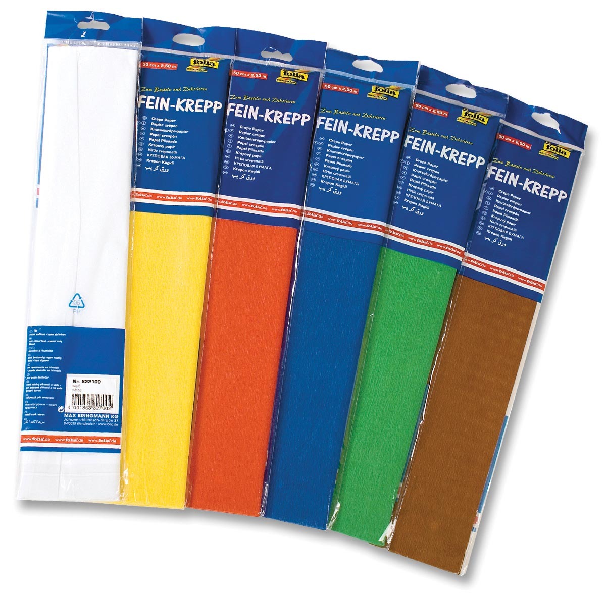 Folia crêpepapier pak van 10 stuks in geassorteerde kleuren: wit, geel, licht oranje, lichtblauw, blau..
