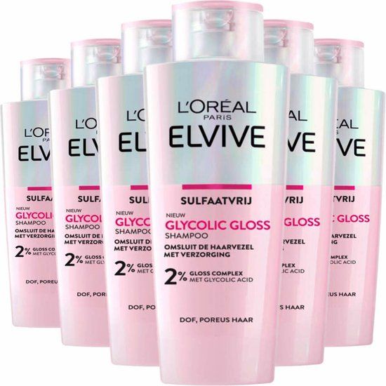 L'Oréal Paris Elvive Glycolic Gloss Shampoo - voor dof, poreus haar - met glycolic acid voor glanzend haar - 6x 200 ml