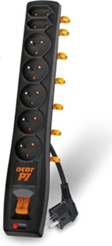 Acar P7 7-way power strip with 3m cord and on/off switch, black