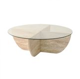 Vente-unique Salontafel AYSUN - Rond - Gehard Glas - Travertijn-effect - Transparant - 90x90x30 cm