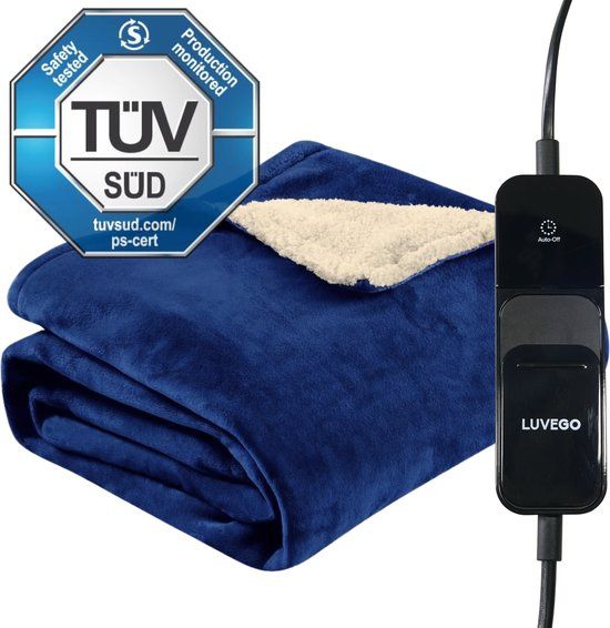 Luvego Elektrische Deken 1 Persoons - 160x120CM - Marineblauw Fleece/Sherpa - 3 Warmtestanden - 120W
