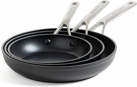 KitchenAid Braadpannenset, gesmeed, gehard, anti-aanbaklaag, 20 cm, 24 cm en 28 cm, zwart