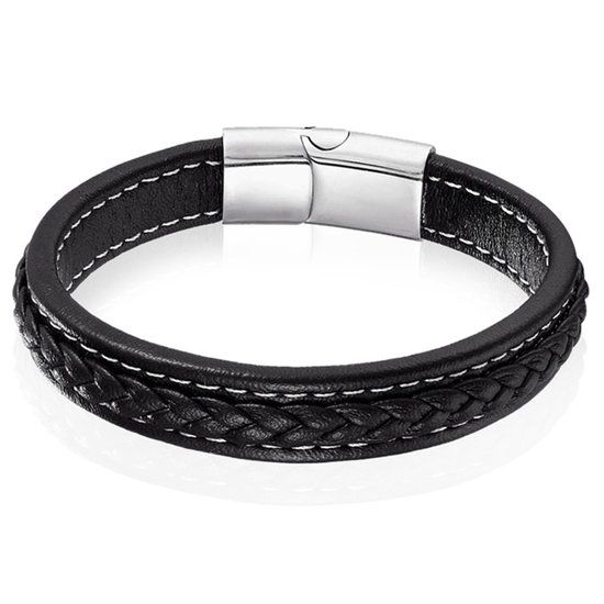 LGT JWLS LGT Jewels Heren Armband Zwart Leer Stitched Edelstaal Sluiting-19cm