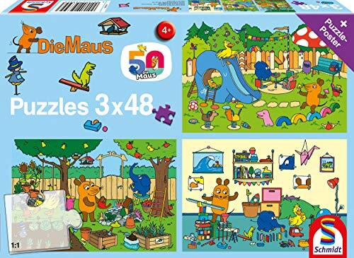 Schmidt Spiele Ein Tag mit der Maus, 3x48 Teile Puzzle: Kinderpuzzle, Die Maus