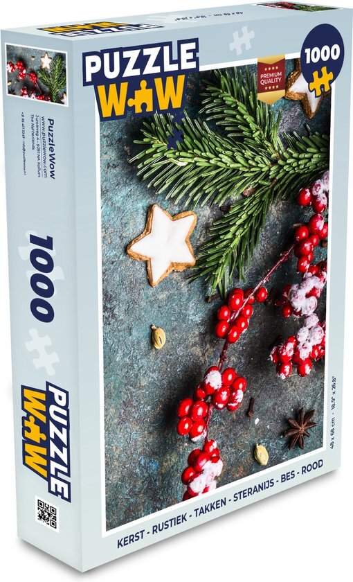 MuchoWow Puzzel Kerst - Rustiek - Takken - Steranijs - Bes - Rood - Legpuzzel - Puzzel 1000 stukjes volwassenen - Kerst - Cadeau - Kerstcadeau voor mannen, vrouwen en kinderen - Sinterklaas cadeautjes - Sinterklaas voor grote kinderen