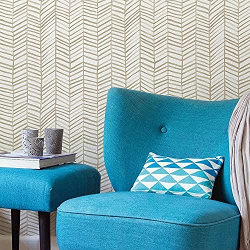 RoomMates RMK11634WP Katten-Coquilletten Wallpaper, Herringbone Pattern, Light Brown and White